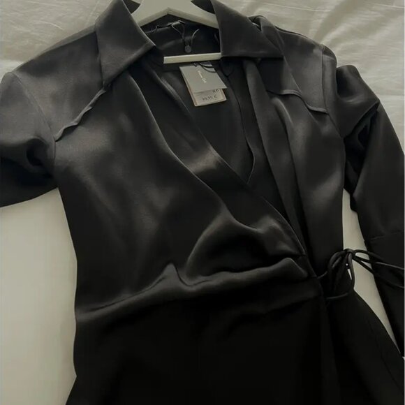 Massimo Dutti Maxi Wrap Black Satin Shirt Dress Size XS New With Tags - Picture 13 of 16